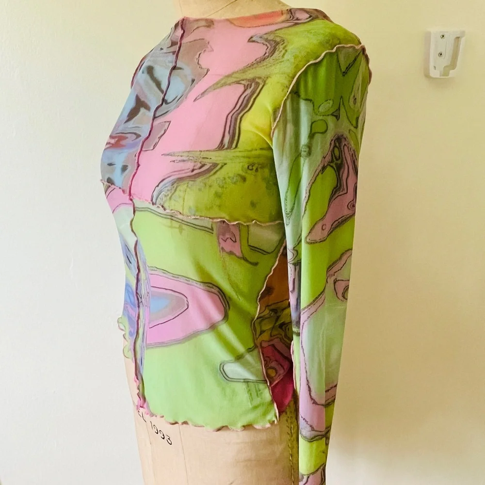 NWOT Paloma Lira psychedelic sheer asymmetrical top XL - Picture 4 of 11